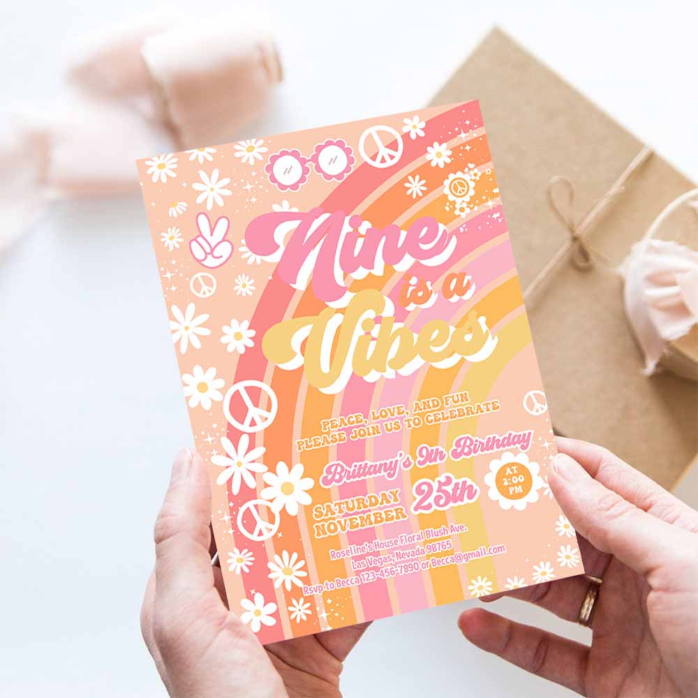 Groovy 9th Birthday Invitation, Nine is a Vibe Daisy Rainbow Hippie Invite