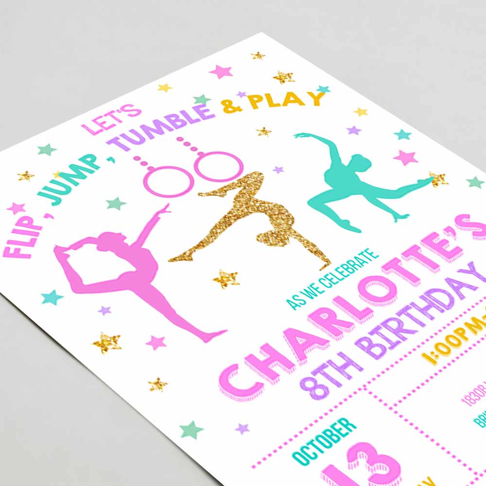 Gymnastics Birthday Invitation, Gymnastics Party Invite Girl Party Pink Gold Trampoline