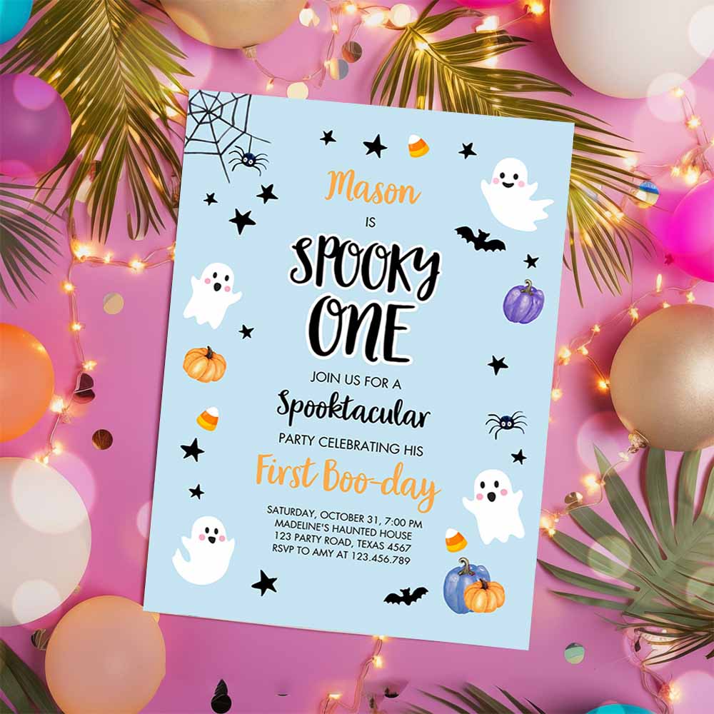 Halloween 1st Birthday Invitation, Boy Blue Ghost Costume Party Kids Spooky One First