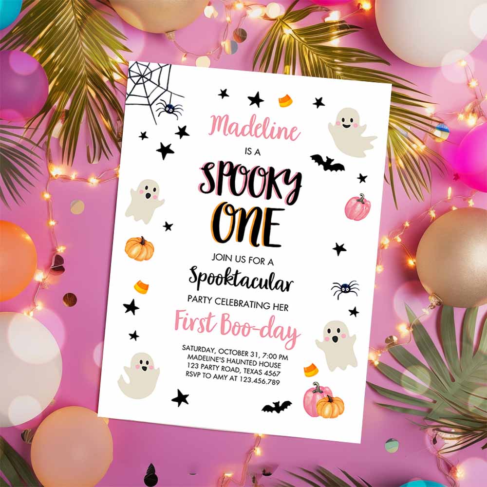 Halloween 1st Birthday Invitation,. Pink Ghost Costume Party Girl Pink Kids Spooky One First