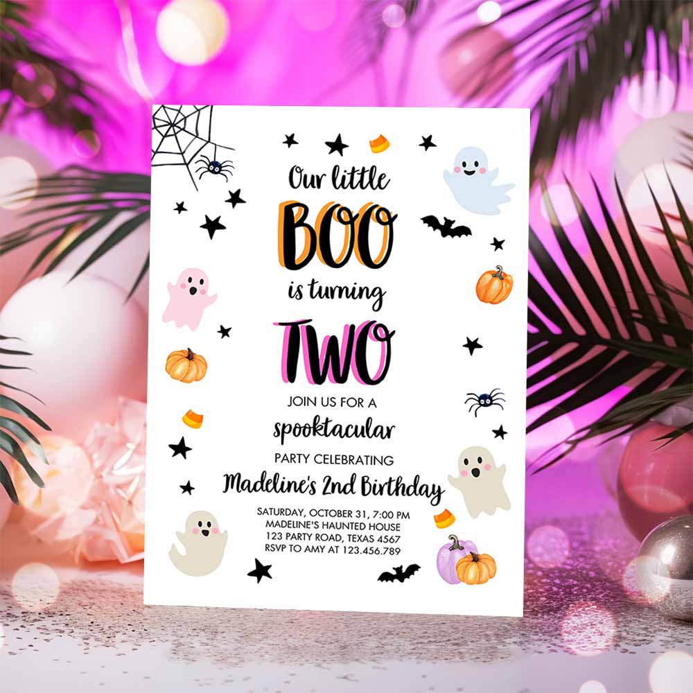 Halloween 2nd Birthday Invitation, Pink Ghost Costume Party Pastel Boo Spooktacular Spooky