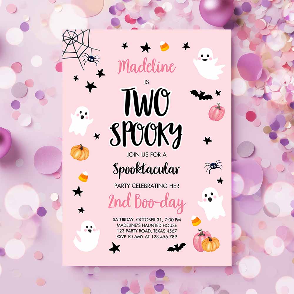 Halloween Birthday Invitation, 2nd Pink Ghost Costume Party Girl Pink Kids Two Spooky Party