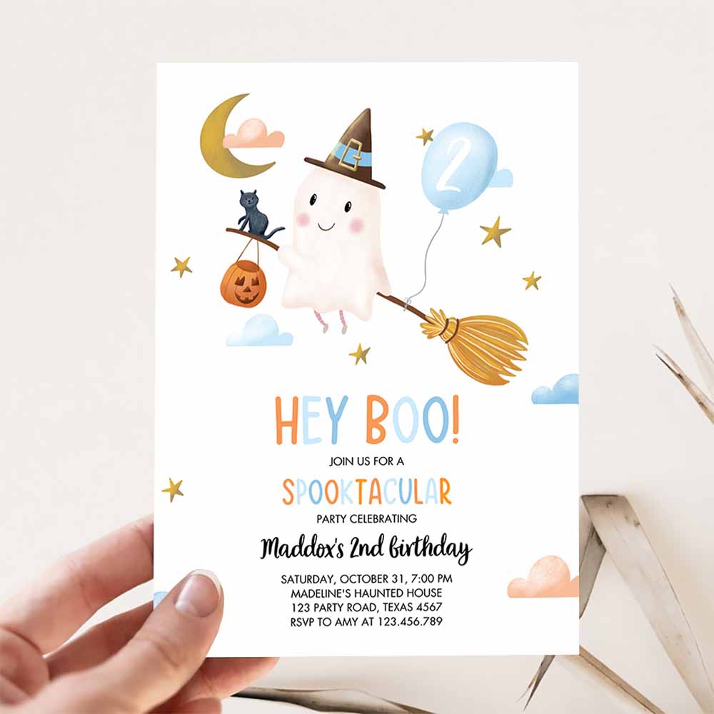 Halloween Birthday Invitation, Boy Ghost Costume Party Blue Kids Spooktacular Spooky Hey Boo