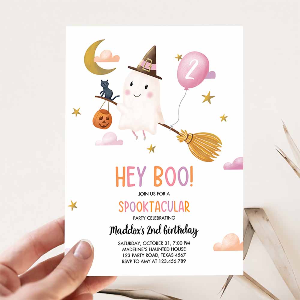 Halloween Birthday Invitation, Girl Ghost Costume Party Pink Kids Spooktacular Spooky Hey Boo