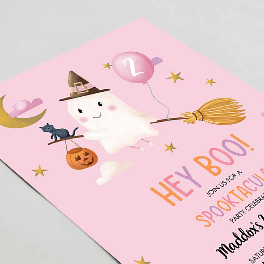 Halloween Birthday Invitation, Girl Ghost Costume Party Pink Spooktacular Spooky Hey Boo