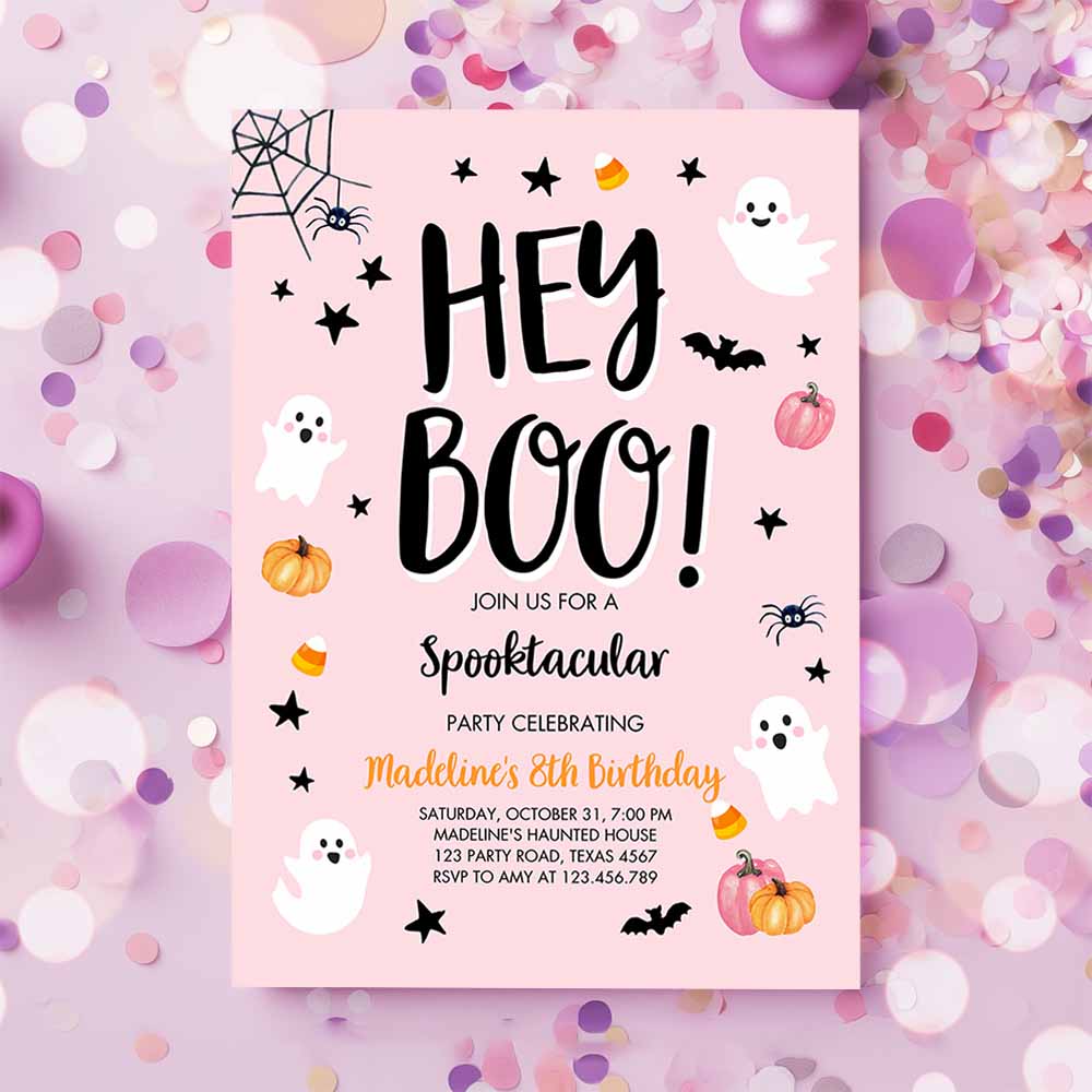 Halloween Birthday Invitation, Pink Ghost Costume Party Girl Pink Kids Spooktacular Spooky Hey Boo