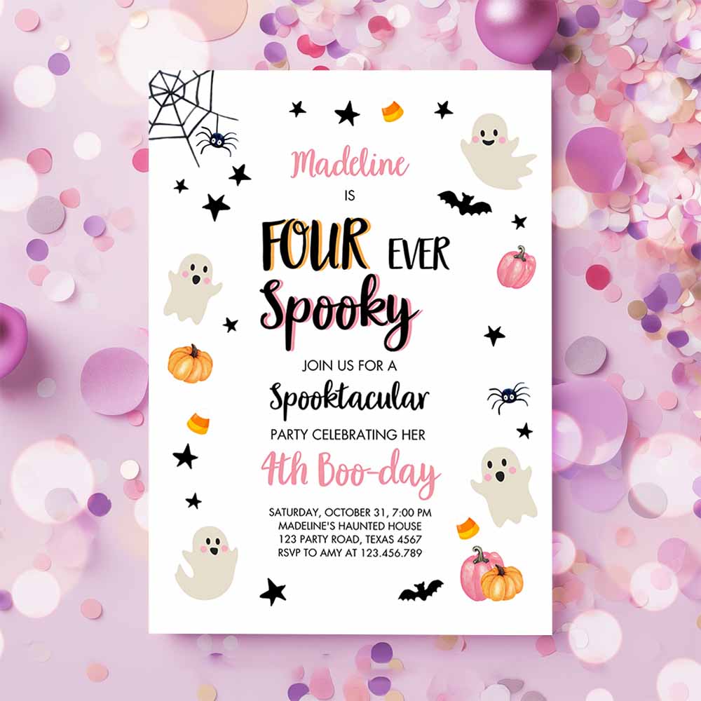 Halloween Four Ever Spooky Birthday Invitation, 4th Pink Ghost Costume Party