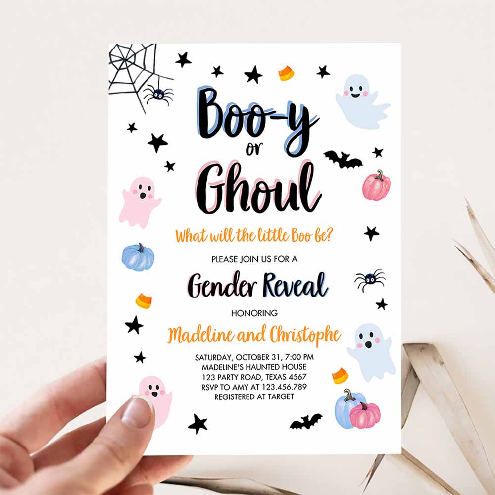 Halloween Gender Reveal Invitation, Little Boo Ghost Boo-y Ghoul Pink Blue Ghost Halloween Reveal