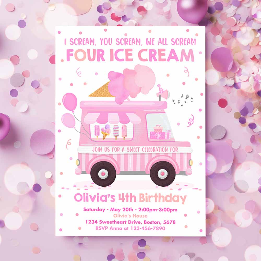 Ice Cream Truck Birthday Invitation, I scream You Scream We All Scream Four Ice Cream 4th Birthday Party Invite