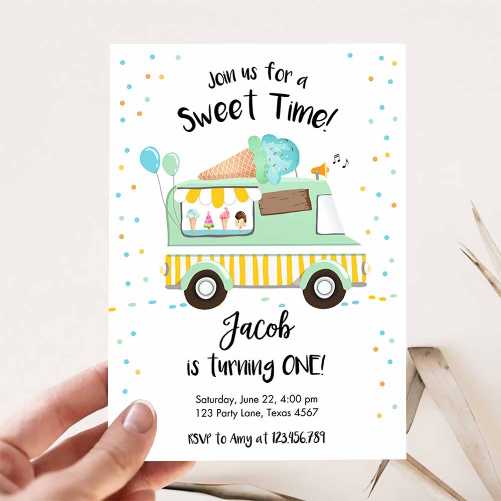 Ice Cream Truck Birthday Invitation, Ice Cream Birthday Party Cone Boy Girl Mint Yellow Summer Twin