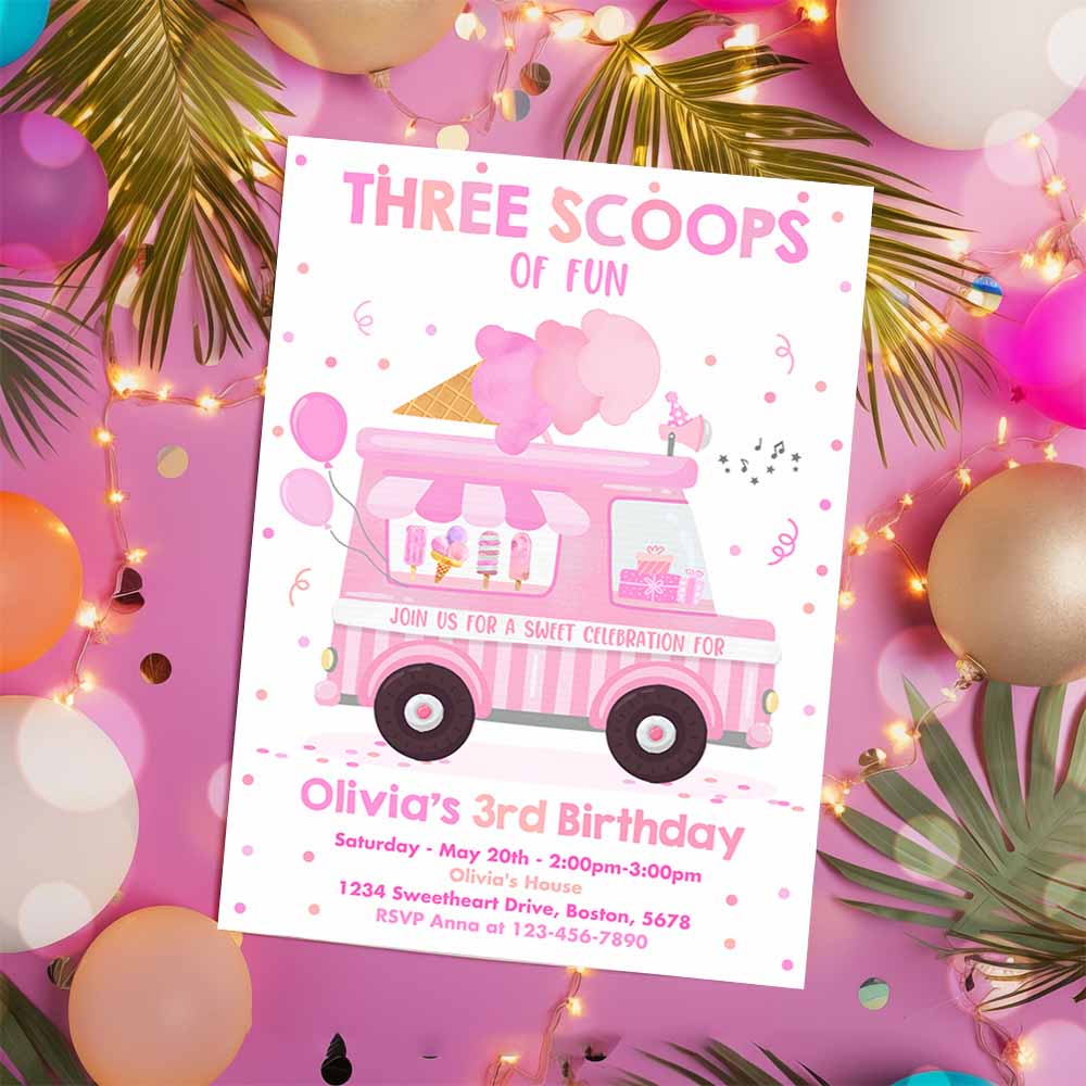 Ice Cream Truck Three Scoops Of Fun 3rd Birthday Party Invitation, Ice Cream 3rd Birthday Three Scoops Of Fun