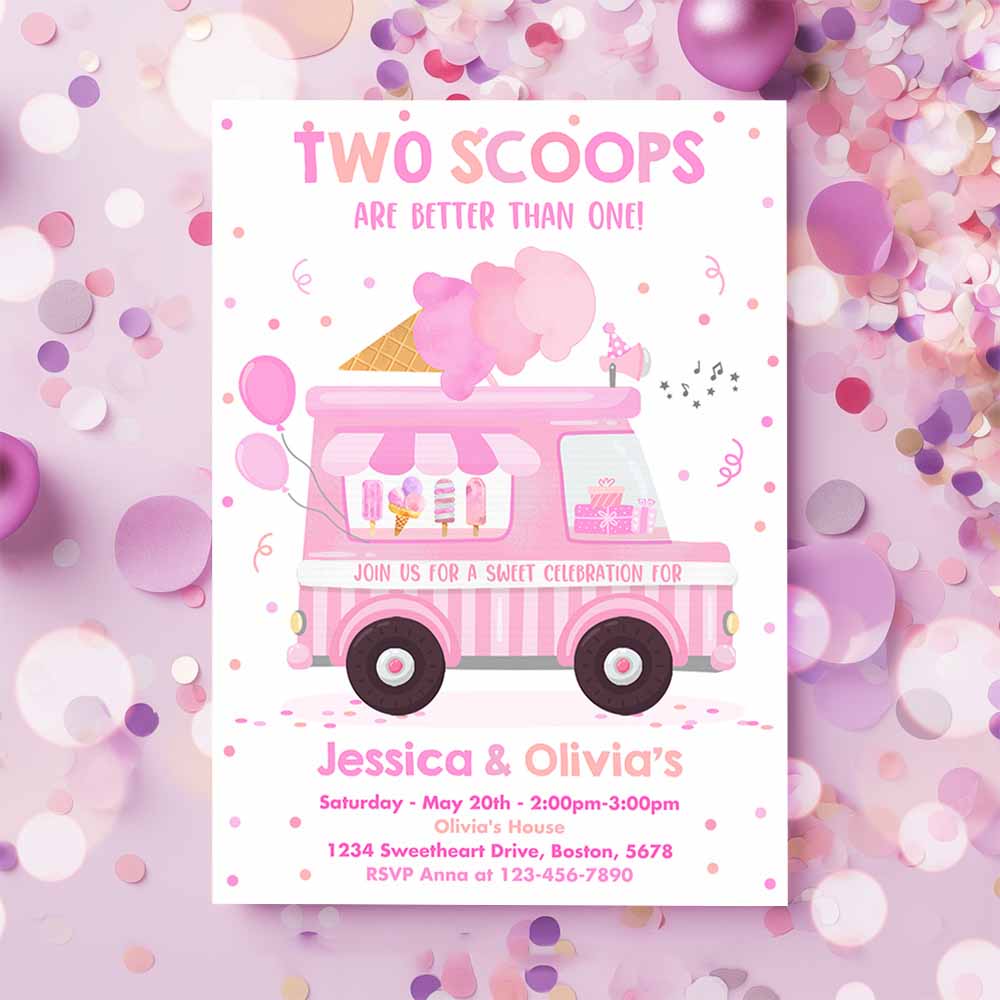 Ice Cream Truck Twin Birthday Invitation, Twin Ice Cream Birthday Invitation, Two Scoops Are Better Than One Twin