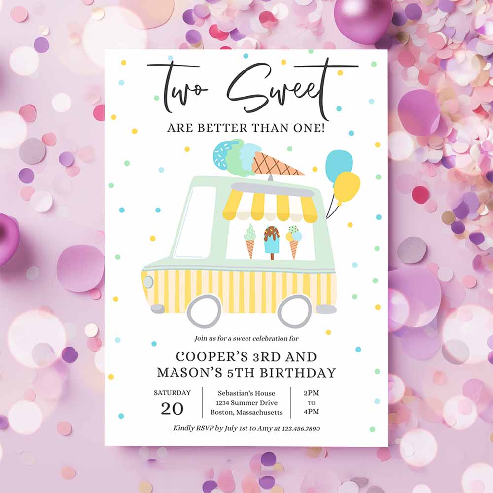 Ice Cream Twin Birthday Invitation, Twin Ice Cream Truck Birthday Invitation, Two Scoops Are Better Than One