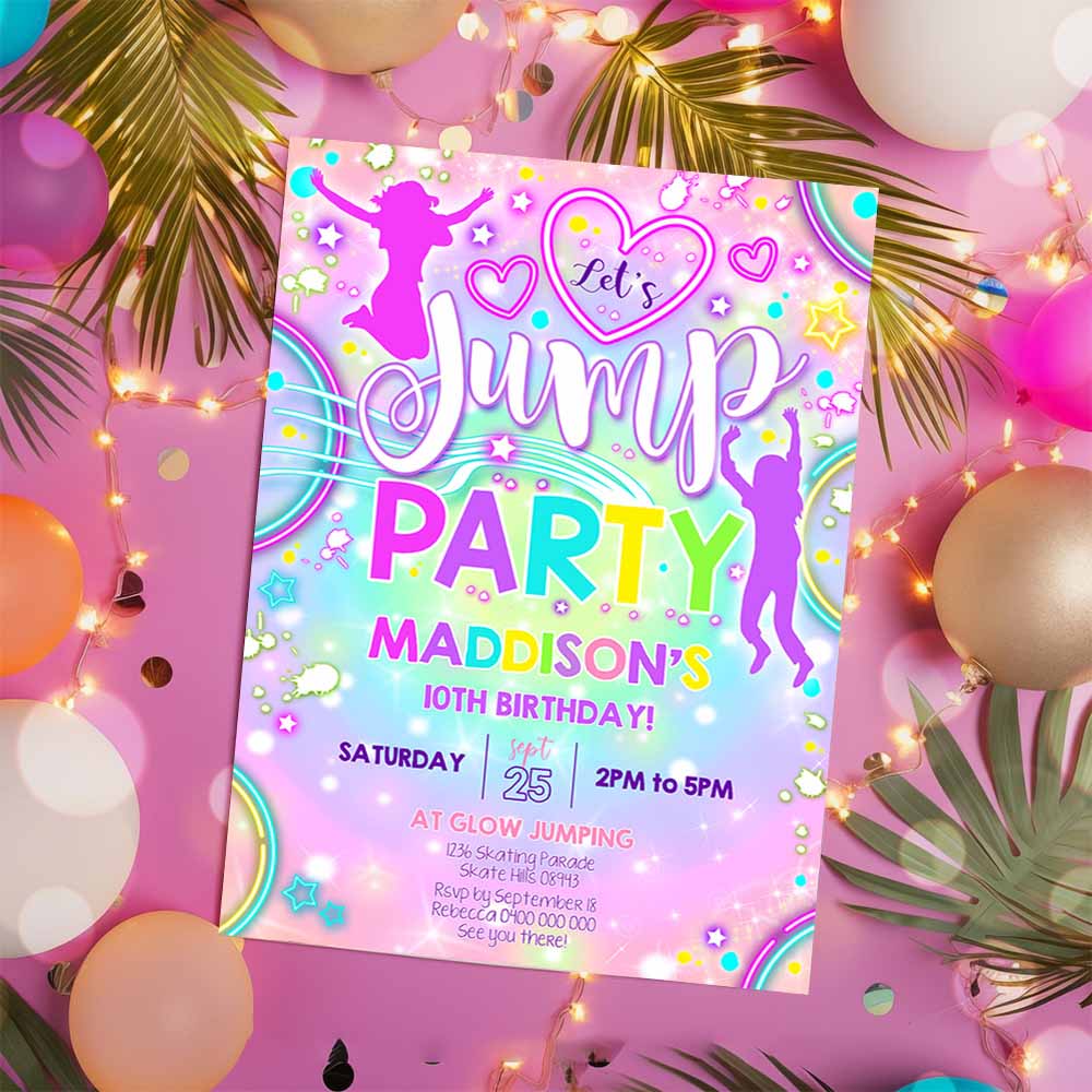 Jump Birthday Invitation, Jump Tie Dye Neon Invitation, Bounce Invitation, Trampoline Party Jump Neon Party