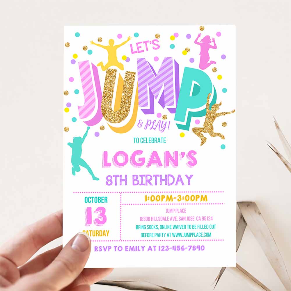 Jump Invitation, Jump Birthday Invite Trampoline Party, Bounce House Jump Party Let's Jump Girl