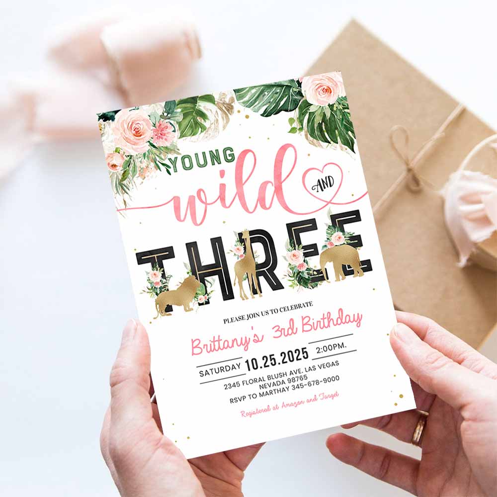 Jungle gold Birthday Invitation, Girl Young wild and three Birthday Invite, Safari Animals invitation