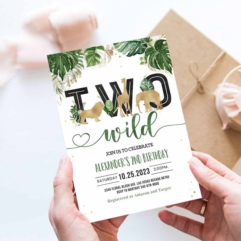 Jungle gold Birthday Invitation, Two Wild Birthday Invite, Safari Animals invitation