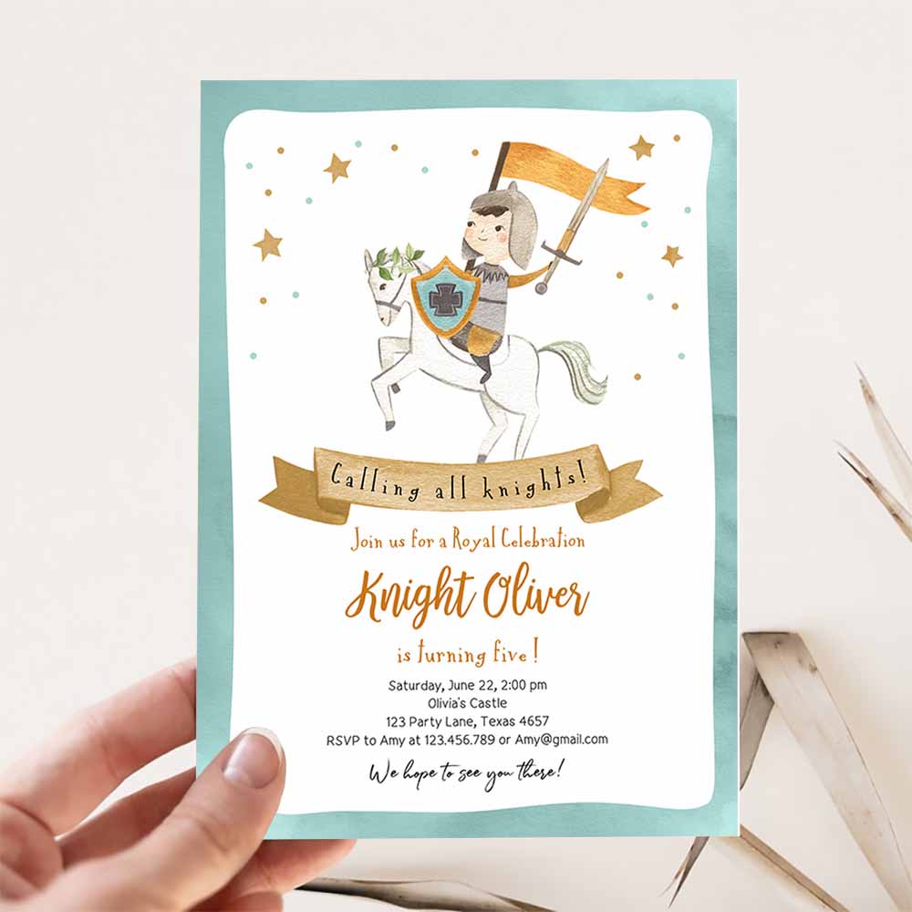 Knight Birthday Invitation, Boy Royal Birthday Once Upon a Time Knight Dragon Castle Blue Medieval