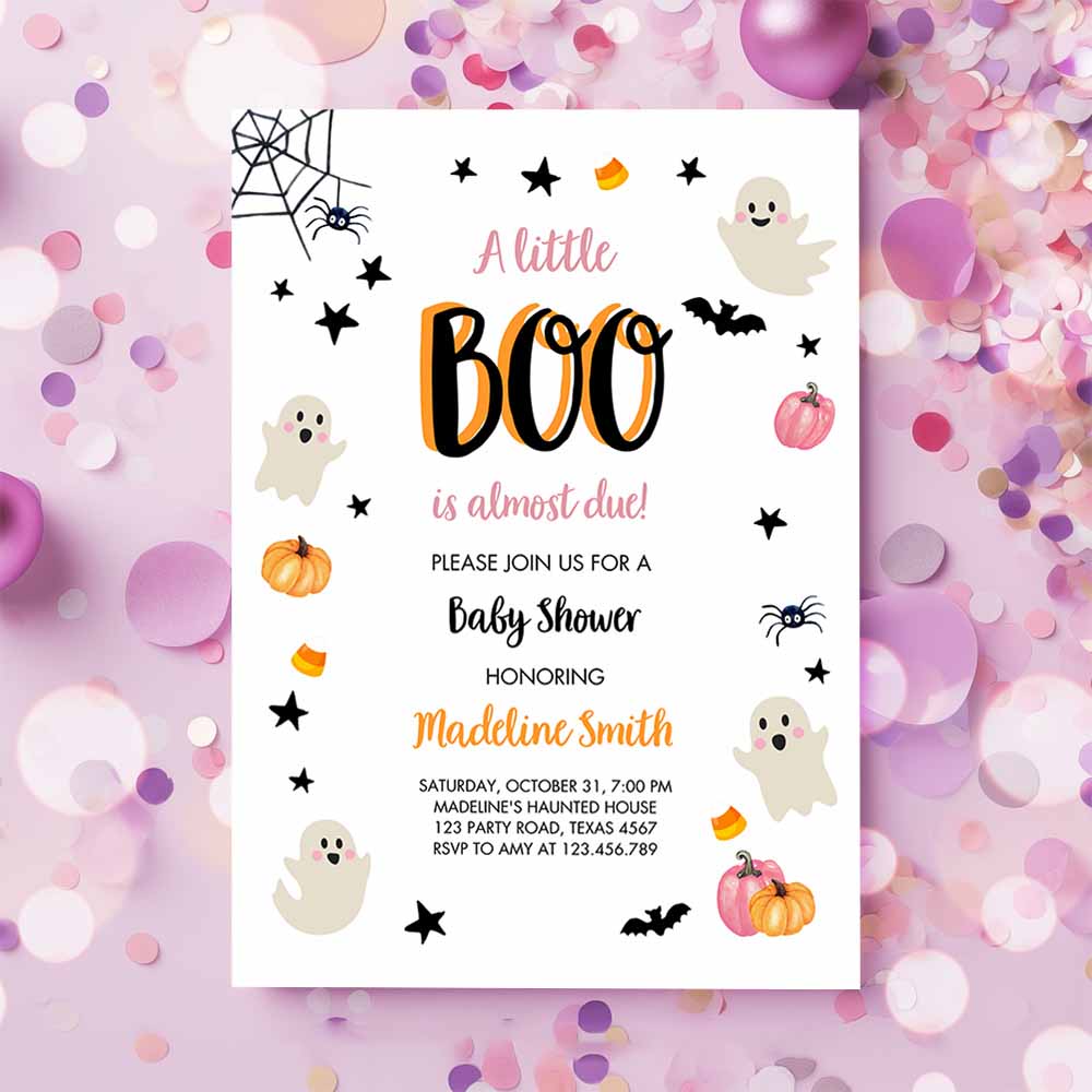 Little Boo Baby Shower Invitation, Cute Halloween Baby Shower Couples Shower Pink Ghost Girl