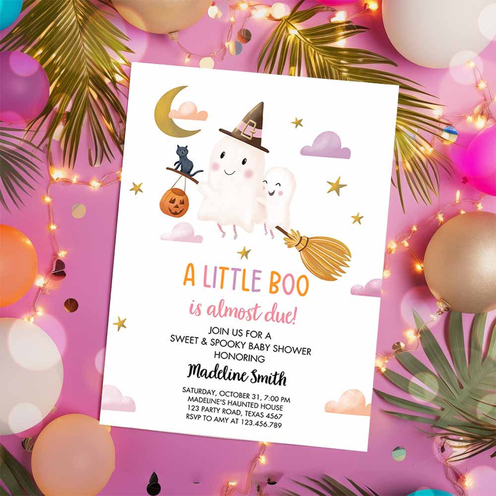 Little Boo Baby Shower Invitation, Cute Horror Halloween Baby Boo Almost Due Couples Shower Pink Ghost Girl