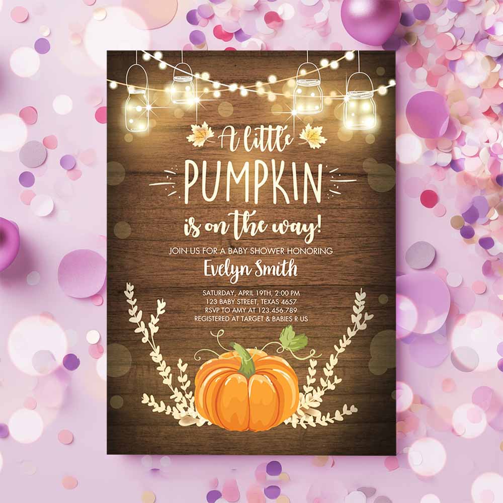 Little Pumpkin Baby Shower Invitation, Orange Pumpkin Patch Autumn Fall Rustic Boy Girl Sprinkle