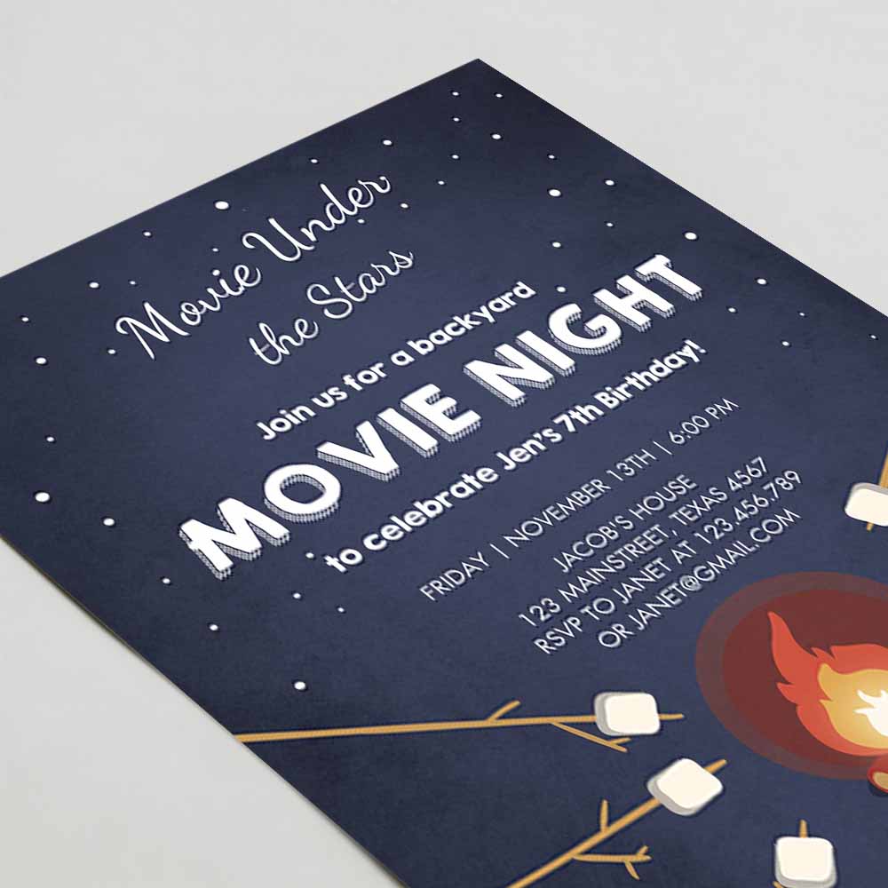 Movie Night Birthday Invitation, Under the Stars Bonfire Campfire Backyard Movie Party