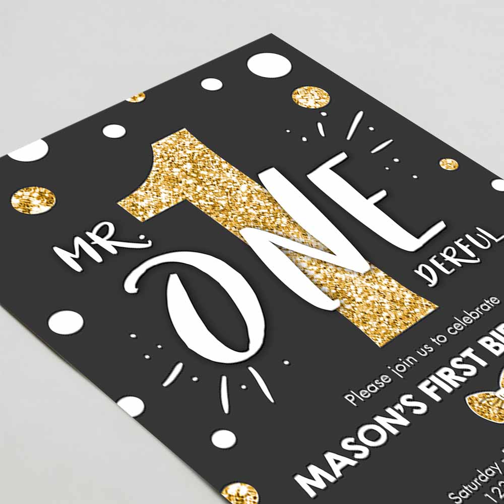 Mr Onederful Birthday Invitation, Black Gold Glitter Boy Bow Tie Confetti First Birthday