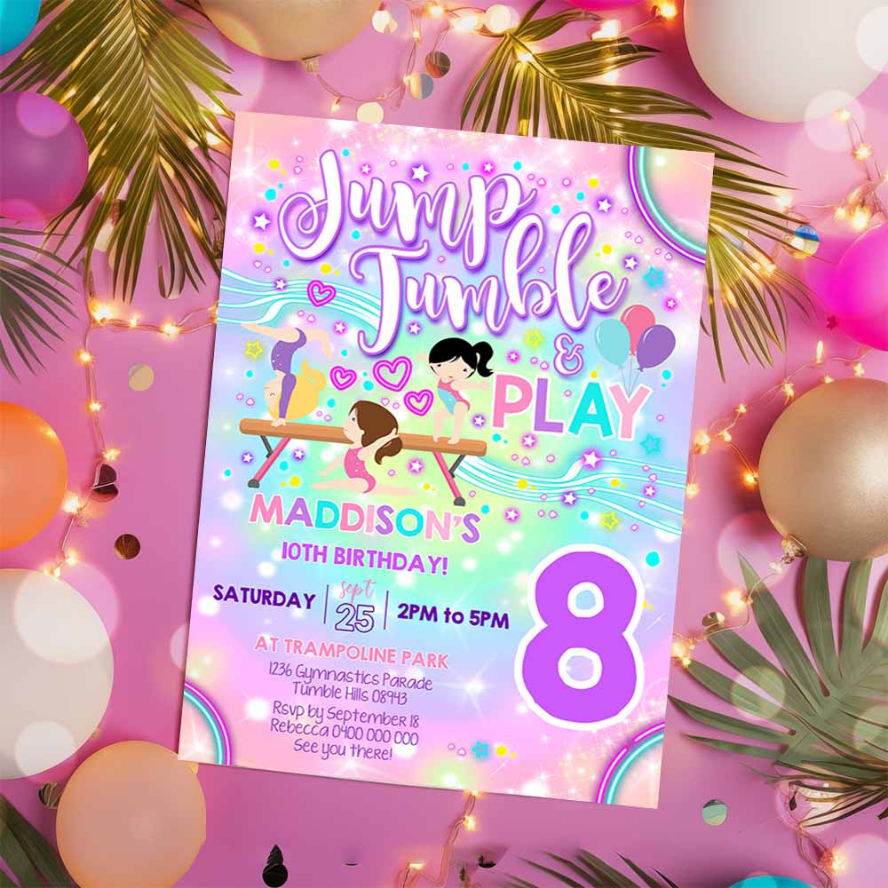 NEON Gymnastics Invitation, Gymnastics Party Invitation