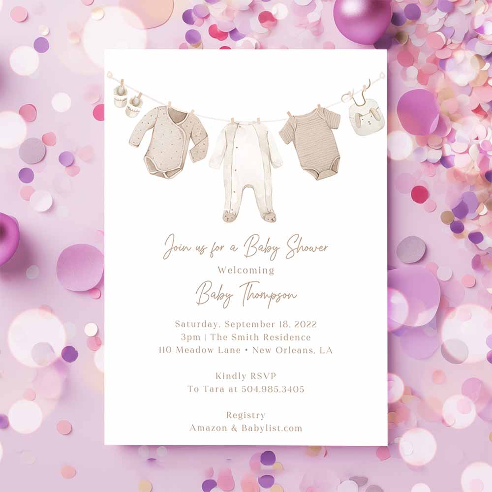 Neutral Baby Shower Invitation, Clothesline Baby Shower Invite