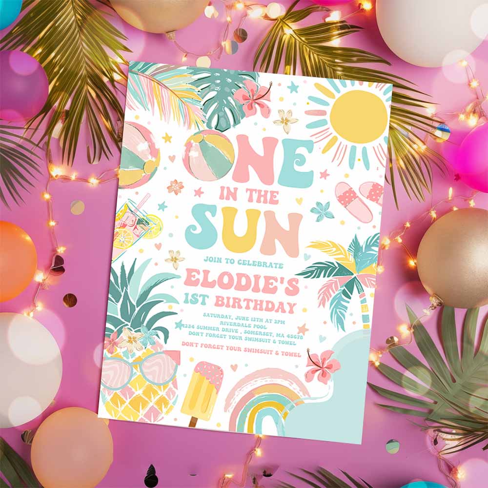 One In The Sun 1st Birthday Party Invitation, Tropical Summer Pineapple Luau Girl Pool Splish Splash Pool Party