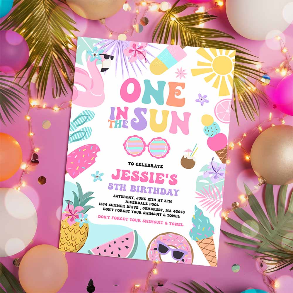 One In The Sun 1st Birthday Party Invitation, Tropical Summer Splish Splash Girly 1st Birthday Party Pool Party