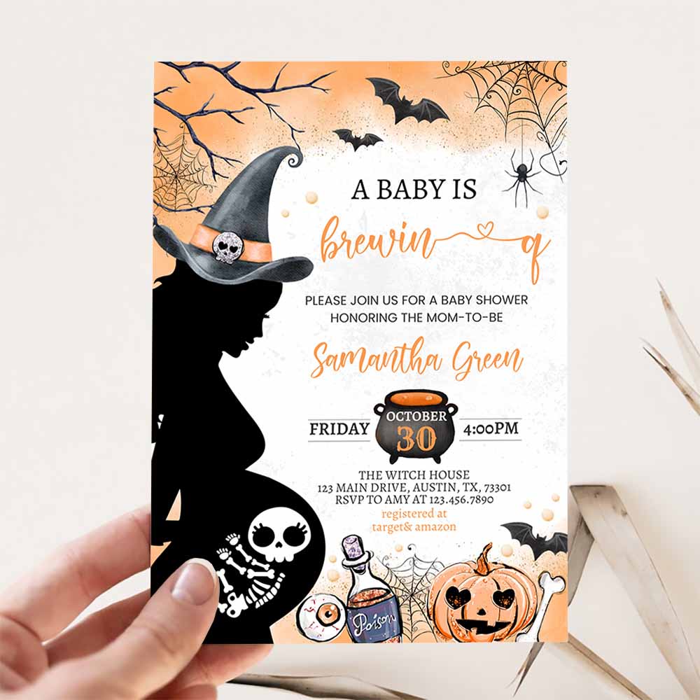 Orange Baby is Brewing Halloween Baby Shower Invitation, Skeleton Baby Shower