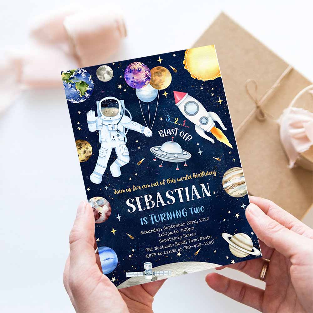 Outer Space Birthday Invitation Template, Planets Rocket Ship Astronaut Invite, Galaxy Blast Off Invitation