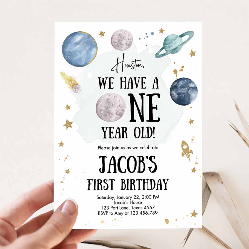 Outer Space First Birthday Invitation, Galaxy Houston Trip Around the Sun One Silver