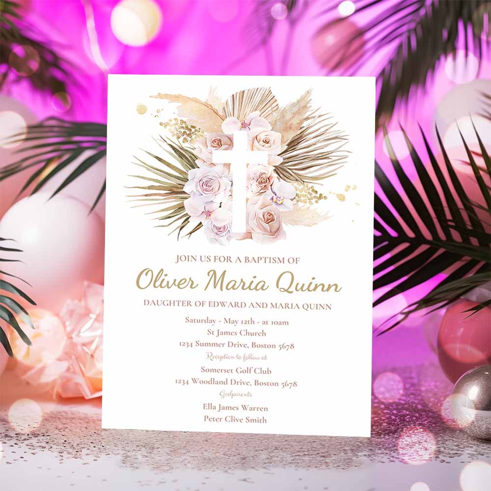 Pampas Grass Baptism Invitation, Bohemian Baptism Invitation, Boho Baptism Christening 1st Communion Invitation