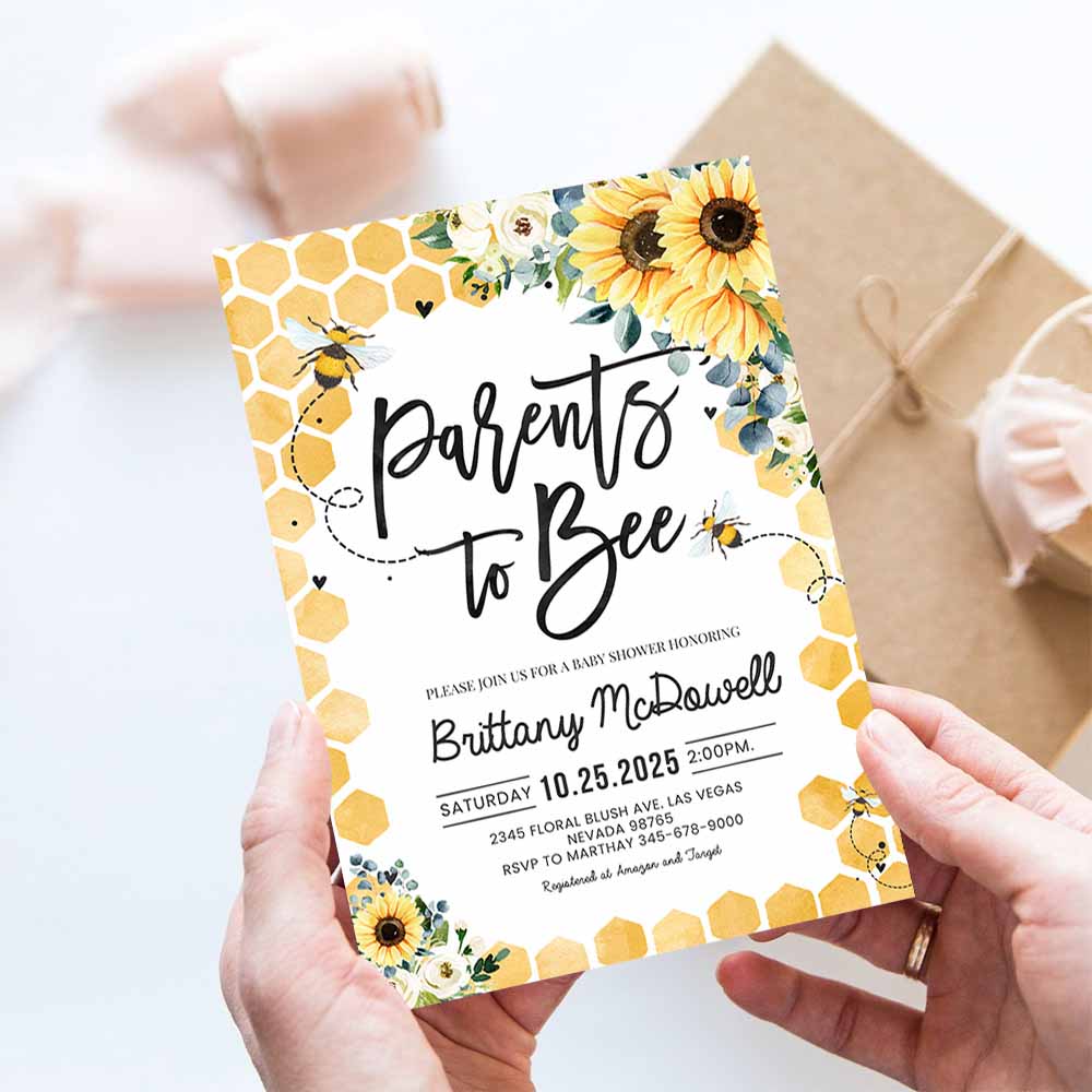 Parents to Bee Baby Shower Invitation Sunflower Gender Neutral Honey bee Baby Shower Invite