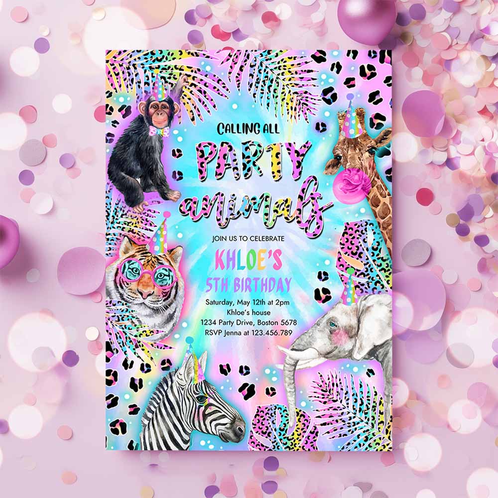 Party Animals Birthday Invitation, Neon Tye Dye Rainbow Cheetah Print Leopard Print Safari Animals Birthday Party