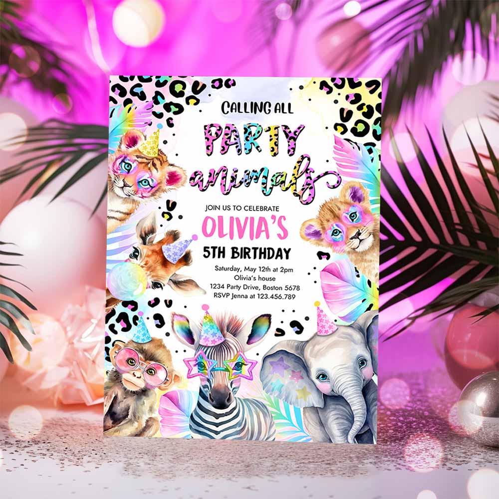 Party Animals Birthday Invitation, Pastel Rainbow Cheetah Print Leopard Print Wild Safari Animals Birthday Party