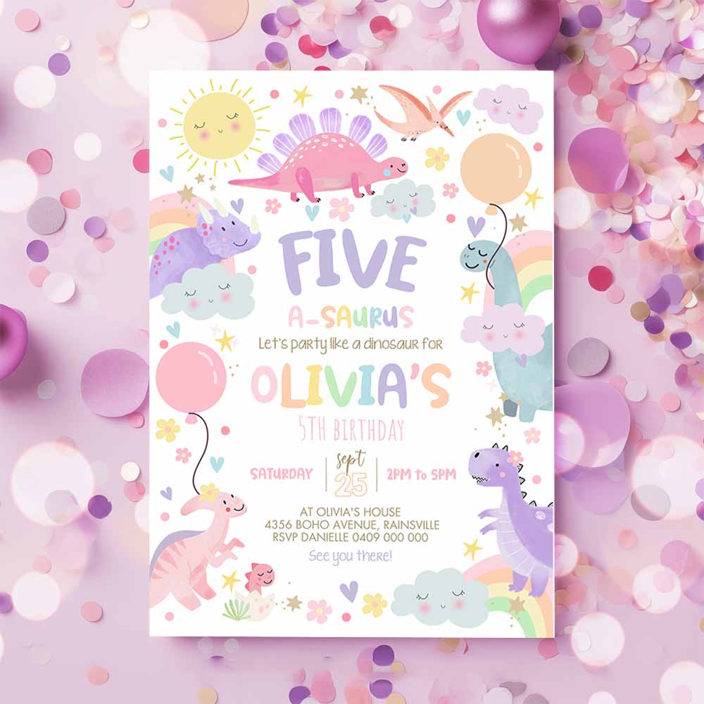 Pastel Dinosaur Invitation, Girl Dinosaur Five-a-saurus Invitation