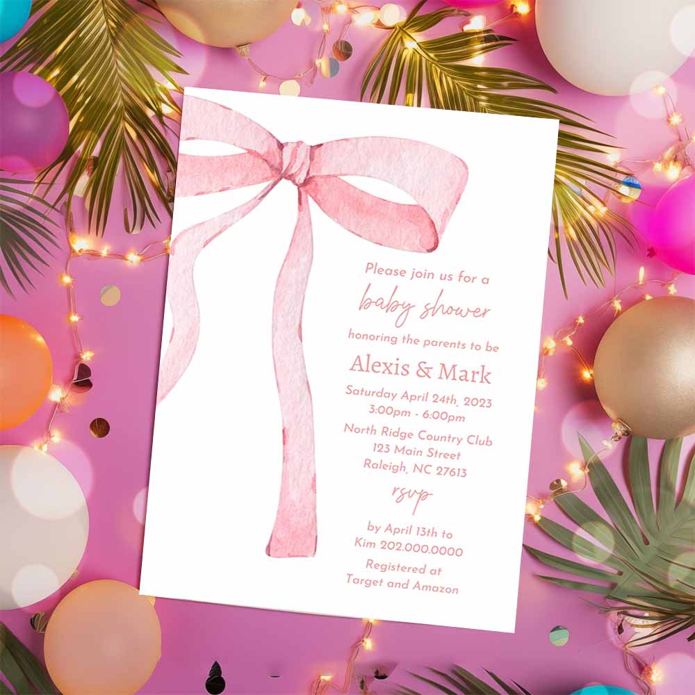 Pink Bow Invitation, for Baby Shower, Minimalist Baby Shower Pink Watercolor Ribbon Blush Pink 1st Birthday