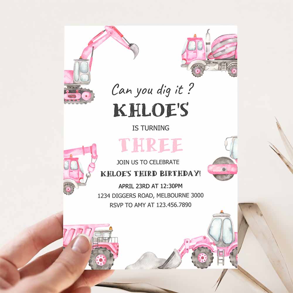 Pink Construction Birthday Invitation, Editable Girl Construction Trucks 3rd B'day Invite, Any Age Pink Digger Truck Party