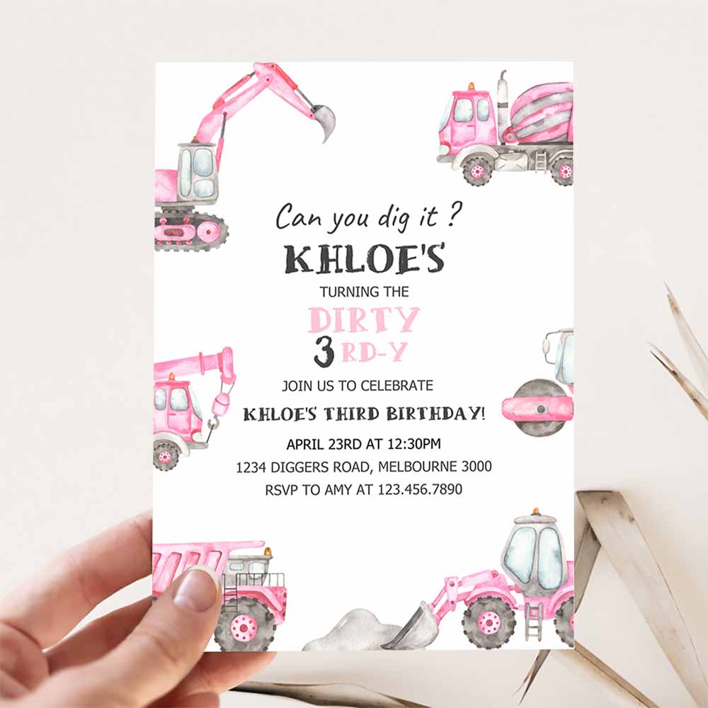 Pink Construction Dirty 3RD-Y Birthday Invitation, Girl Construction Trucks 3rd B'day Invite, Digger Truck Party