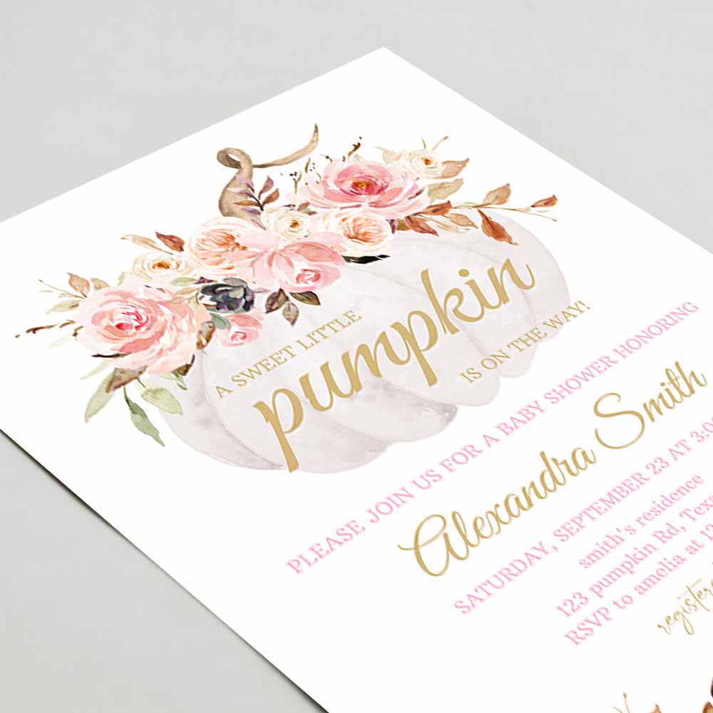 Pink Floral Pumpkin Baby Shower Invitation, Girl Fall Baby Shower Invite