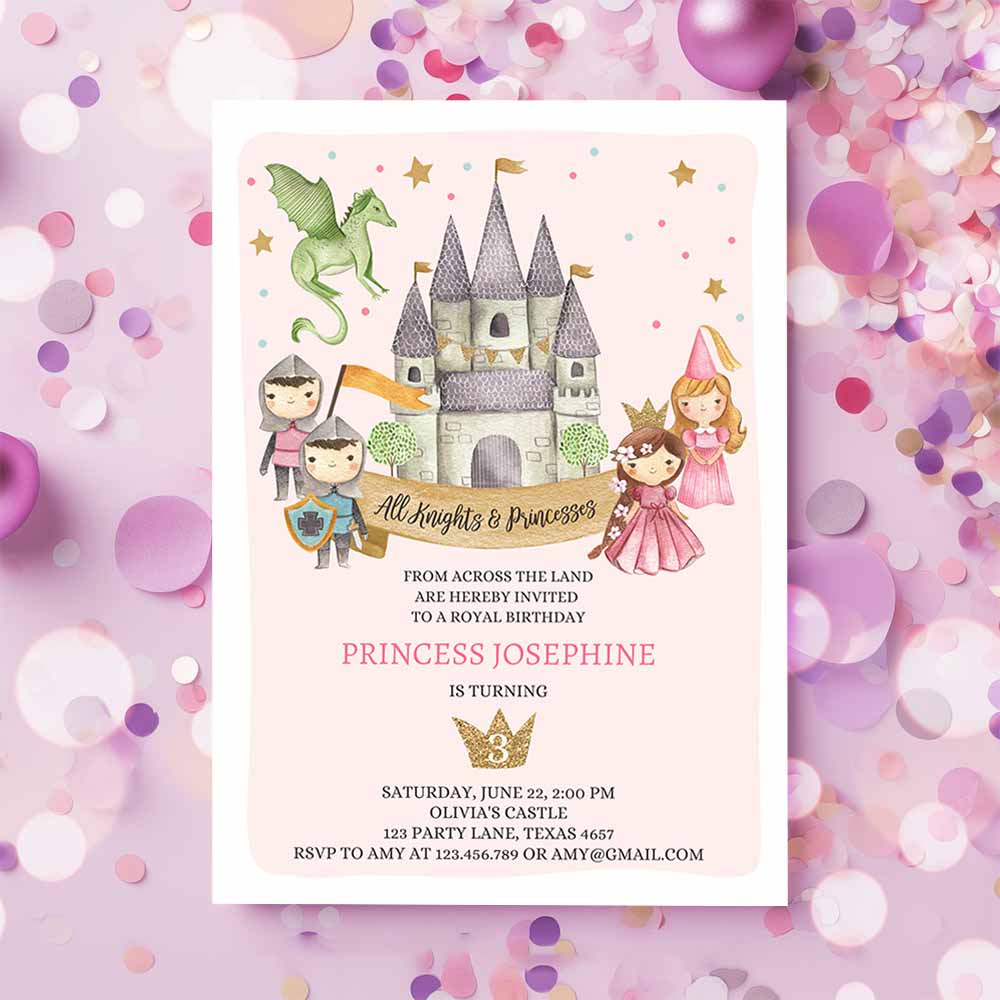 Princess and Knight Birthday Invitation, Once Upon a Time Princess Royal Birthday Girl Pink Castle