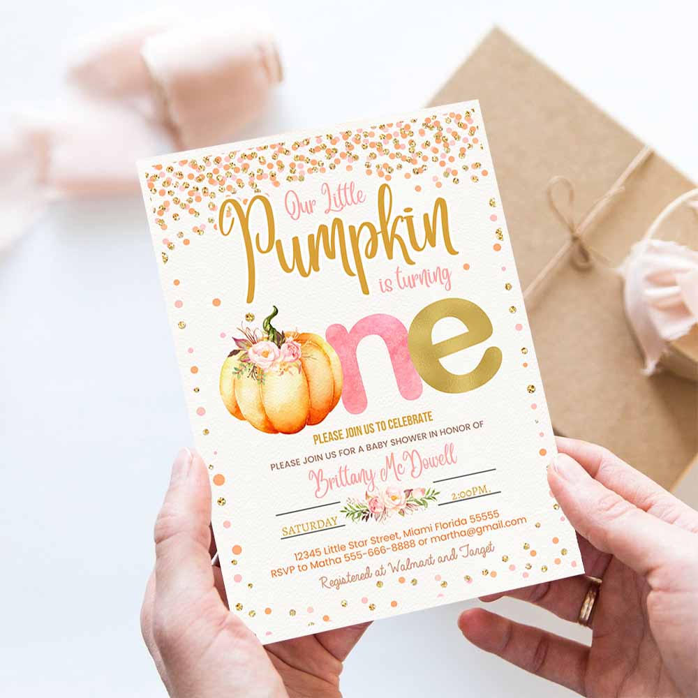 Pumpkin First Birthday Invitation, Little pumpkin Invitations, Fall Autumn 1st Birthday Invites