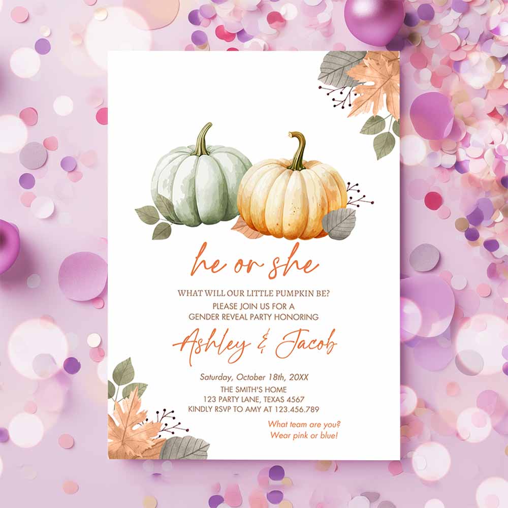 Pumpkin Gender Reveal Invitation, He or She Gender Neutral Boy or Girl Little Pumpkin