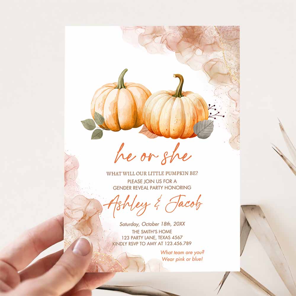 Pumpkin Gender Reveal Invitation, He or She Gender Neutral Boy or Girl Little Pumpkin Fall Boho Autumn Halloween