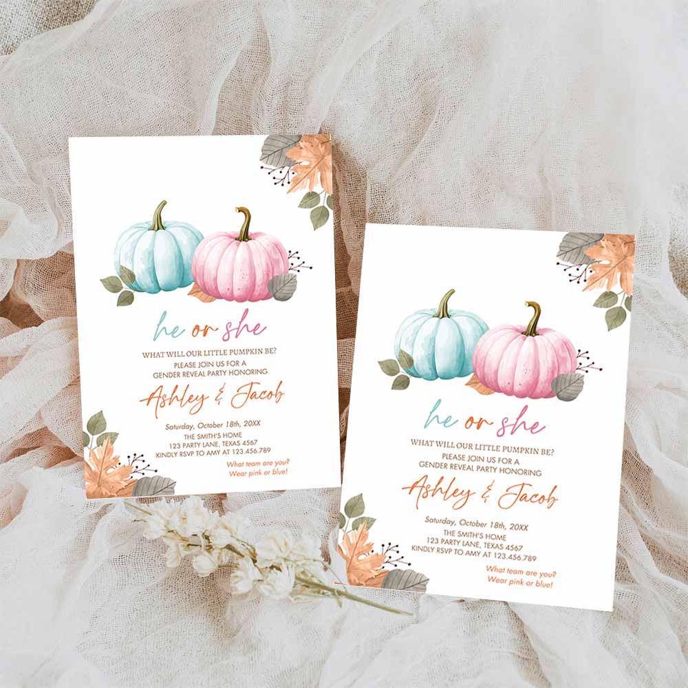 Pumpkin Gender Reveal Invitation, He or She Pink or Blue Boy or Girl Little Pumpkin Fall Boho Autumn