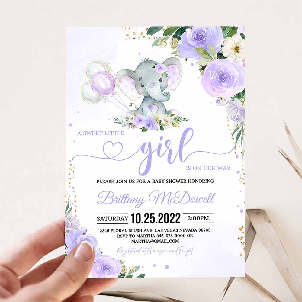 Purple Elephant Baby Shower Invitation Girl Baby Shower Elephant Invite