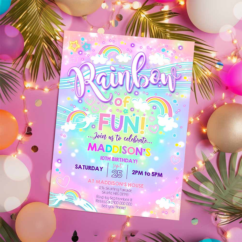 RAINBOW Cloud Invitation, Rainbow Neon Party Invitation